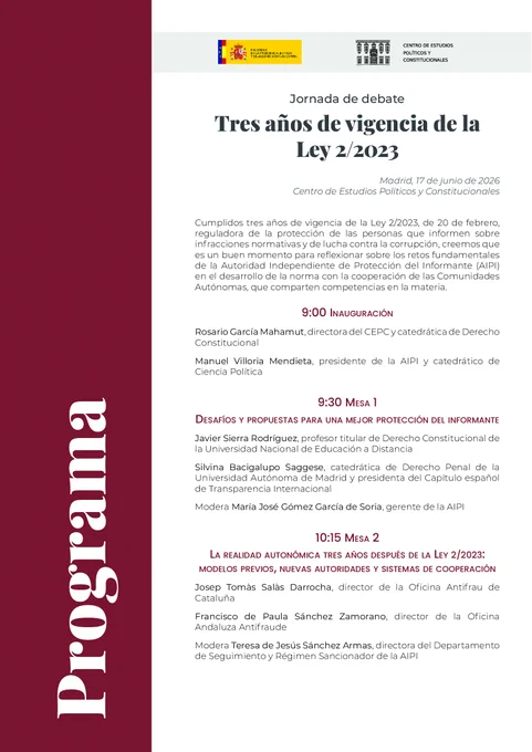 Manuel Medina Guerrero, catedrático de Derecho Constitucional de la Universidad de Sevilla.
Tomás de la Quadra-Salcedo Janini, catedrático de Derecho Constitucional de la Universidad Autónoma de Madrid y Letrado del Tribunal Constitucional.
Flora Pérez Almoguera, subdirectora general de Política Legislativa del Ministerio de la Presidencia, Justicia y Relaciones con las Cortes.
Francisco Caamaño Domínguez, exministro de Justicia y catedrático de Derecho Constitucional de la Universidade da Coruña.