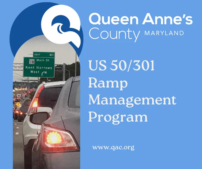 Traffic congestion on US 50/301 near Main Street in Queen Anne's County, Maryland, highlighting the Ramp Management Program.