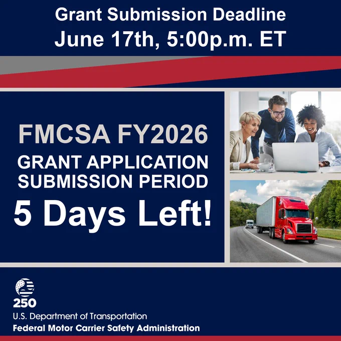 Grant submission reminder for the FMCSA FY2026. Text states that the deadline is June 17th, 5:00 p.m. ET, with 5 days left. Includes the U.S. Department of Transportation and Federal Motor Carrier Safety Administration logos. Features a group of people collaborating, and an image of a red truck on a highway.