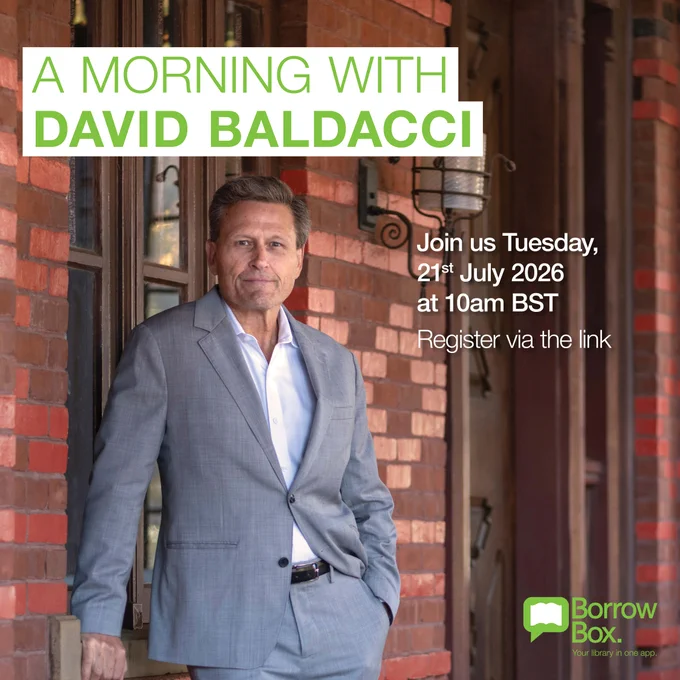 Author David Baldacci in a grey suit standing against a brick wall promoting a morning event on 21st July 2026 at 10am.