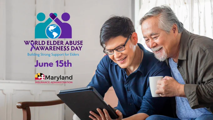 An elderly man and younger man happily look at a tablet together,  with the "World Elder Abuse Awareness Day" logo on June 15th.