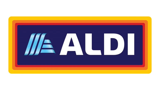 ALDI logo with stylised blue stripes and bold white letters on a dark blue background framed by orange and yellow borders.
