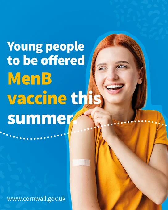 Young woman with a plaster on her arm smiles, advertising the MenB vaccine for young people this summer.