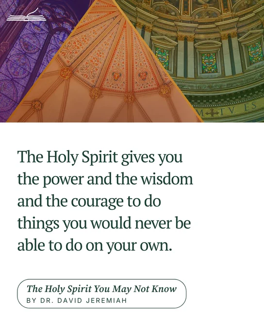 An inspirational quote about the Holy Spirit's empowering qualities, featuring stained glass and cathedral ceilings. A calm and reverent tone.