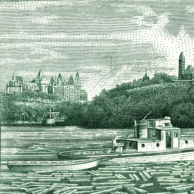 Billet de banque vert, tronqué, rivière surmontée d’un bâtiment à tourelles.