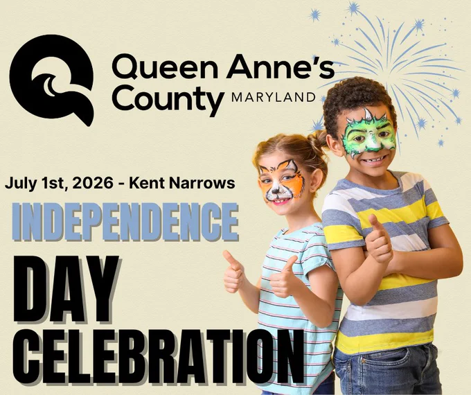 Two children giving thumbs up in front of fireworks promoting Queen Anne’s County Independence Day celebration on July 1st, 2026 in Kent Narrows.