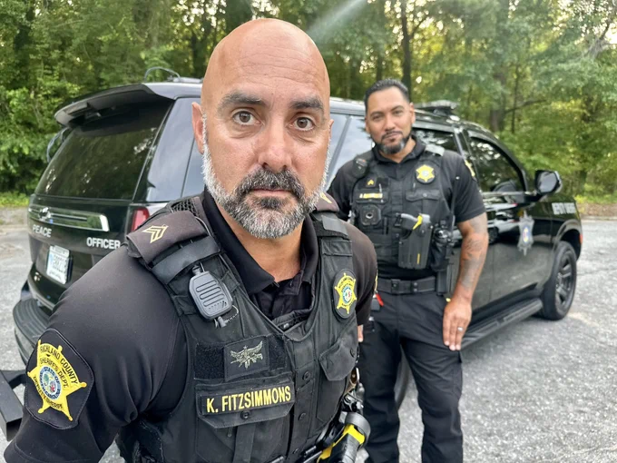 Two people wearing tactical police uniforms stand in front of a police vehicle. The uniform displays a badge with the text "K. Fitzsimmons" and a department insignia. The background features trees and greenery.