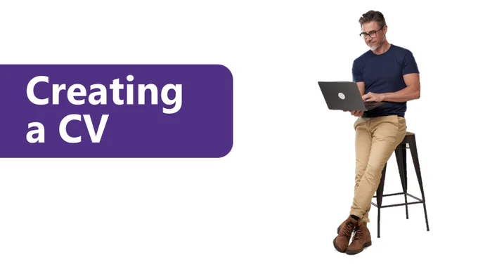 Person sitting on a tall stool using a laptop on a plain background. Large text on the left reads “Creating a CV” in bold letters on a light shape. Image has a clean and simple design with lots of empty space.