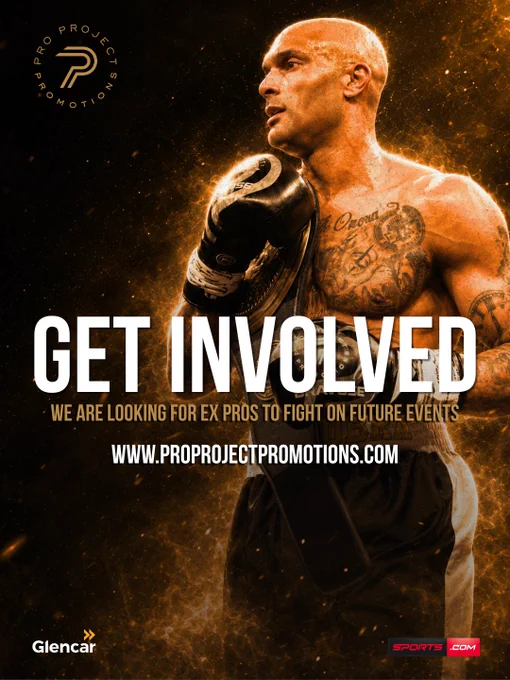 A promotional poster seeking former professional boxers for future event fights. Features a muscular boxer with prominent tattoos and an intense expression.