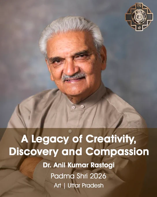 Dr. Anil Kumar Rastogi honoured with Padma Shri, Eminent artist in theatre, cinema, radio, and television. Staged around 1000 shows of hundred plays, worked in over 75 feature films, 500 episodes of TV shows. Also an accomplished scientist with over 78 co-authored research publications. Passionate philanthropist for destitute patients.
#PeoplesPadma2026 #PadmaAwards2026 #PadmaShri #art