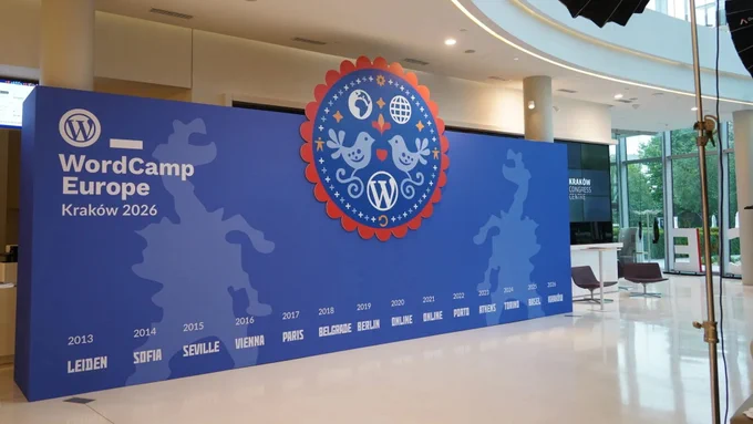 Sign from WordCamp Europe backdrop.