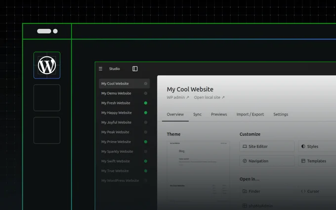 WordPress Studio interface displays a list of websites with options for customization, sync, and settings on a dark background.