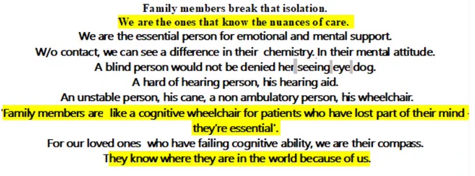 The Essential ACT (S. 3492 / H.R. 6766) ensures residents are never isolated from their support systems. It allows designated "essential caregivers" to access facilities to provide vital companionship and assistance with daily activities, during public emergencies