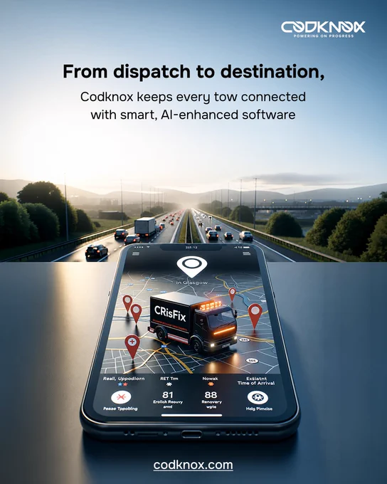 An infographic image with text “From dispatch to destination, Codknox keeps every tow connected with smart, AI-enhanced software.”
