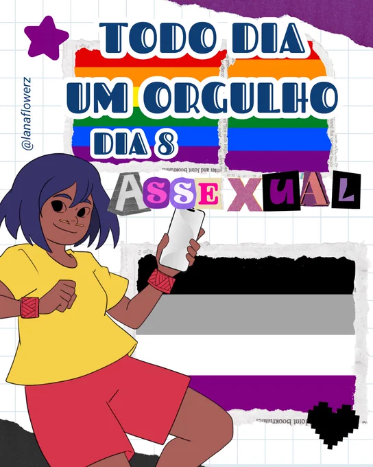 Arte digital comemorativa do Dia do Orgulho LGBT. Sobre um fundo quadriculado com elementos de colagem, aparece a bandeira arco-íris. Em destaque, o texto “TODO DIA UM ORGULHO”. No canto inferior esquerdo, uma personagem de pele morena e cabelo azul curto sorri enquanto segura um celular. Ela veste camiseta amarela, bermuda vermelha e pulseiras vermelhas com grafismos indígenas. A composição celebra a diversidade e o orgulho LGBTQ.