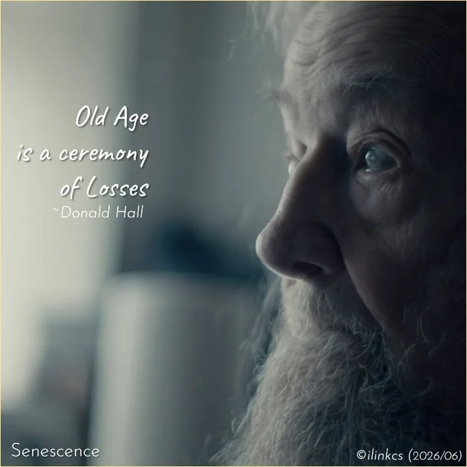A snip from "Quiet Hours“ by filmmaker Paul Szynol.
Before Donald Hall died in June 2018 the 89-year-old American poet laureate let Szynol into his home in New Hampshire.
"Quiet Hours" is a conversation with Hall on death, loss, and memory in one's senescence.

The image shows a portion of Donald Hall's profile to the right looking intently towards an unseen light source. Opposite is a quote "Old Age is a ceremony of Losses"

Artwork for contemplation only; a low-res copy of a snip from the original, unsuitable for commercial use, ©owner by way of https://www.theatlantic.com/video/index/571141/donald-hall/
…
Words & image ©ilinkcs (2026/06)
