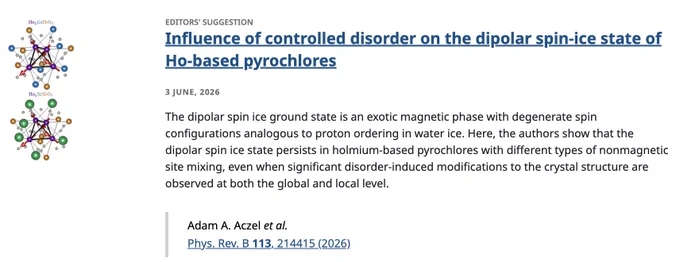 EDITORS' SUGGESTION
Influence of controlled disorder on the dipolar spin-ice state of Ho-based pyrochlores
3 June, 2026
The dipolar spin ice ground state is an exotic magnetic phase with degenerate spin configurations analogous to proton ordering in water ice. Here, the authors show that the dipolar spin ice state persists in holmium-based pyrochlores with different types of nonmagnetic site mixing, even when significant disorder-induced modifications to the crystal structure are observed at both the global and local level.

Adam A. Aczel et al.
Phys. Rev. B 113, 214415 (2026)