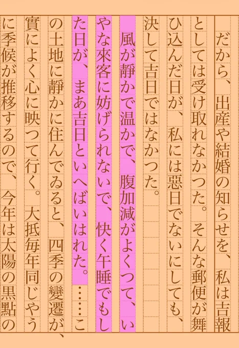 　風が靜かで温かで、腹加減がよくつて、いやな來客に妨げられないで、快く午睡でもした日が、まあ吉日といへばいはれた。