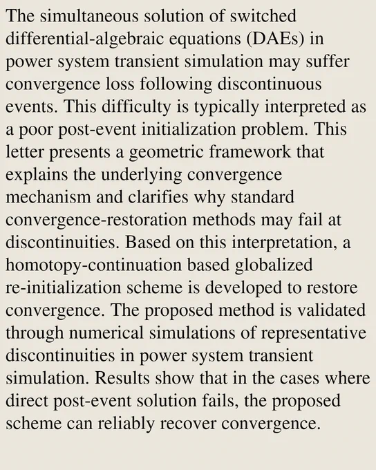 The simultaneous solution of switched differential-algebraic equations (DAEs) in power system transient simulation may suffer convergence loss following discontinuous events. This difficulty is typically interpreted as a poor post-event initialization problem. This letter presents a geometric framework that explains the underlying convergence mechanism and clarifies why standard convergence-restoration methods may fail at discontinuities. Based on this interpretation, a homotopy-continuation based globalized re-initialization scheme is developed to restore convergence. The proposed method is validated through numerical simulations of representative discontinuities in power system transient simulation. Results show that in the cases where direct post-event solution fails, the proposed scheme can reliably recover convergence.