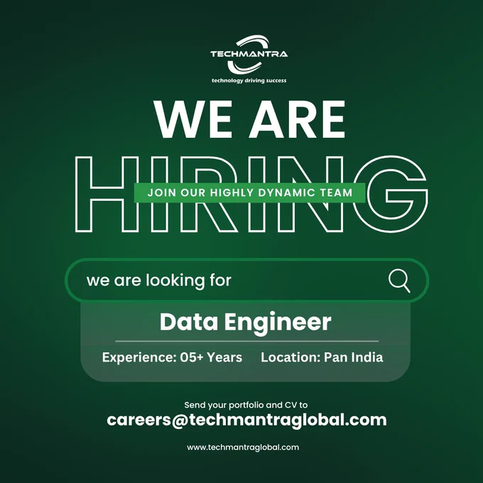 🚀 We're Hiring: Data Engineer
 
Join TechMantra and work on cutting-edge data engineering projects.
 
🔹 Python & PySpark
🔹 Azure Databricks
🔹 Azure Data Factory
 
📍 Pan India (Hybrid)
💼 Experience: 5  Years
📝 Face-to-Face Interview
 
Ready for your next challenge?
📧 careers@techmantraglobal.com
 
#Hiring #DataEngineer #Python #PySpark #AzureDatabricks #AzureDataFactory #DataEngineering #TechJobs #TechMantra