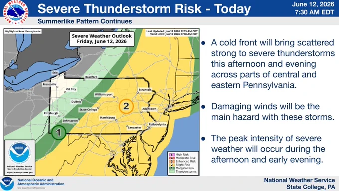 For those in Central or Eastern Pennsylvania, please monitor local conditions this afternoon or early evening, as localized severe storms could develop.