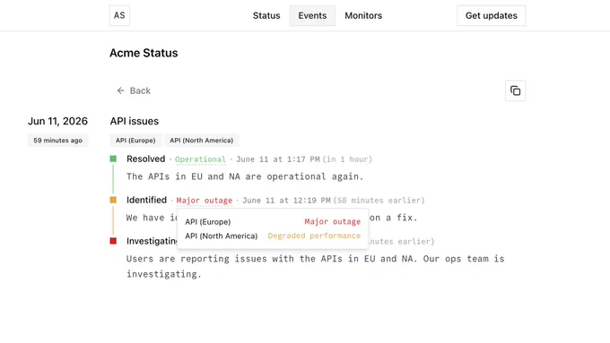 A status page timeline titled "API issues". A tooltip demonstrates the new component impact feature, showing "API (Europe)" with a red "Major outage" status and "API (North America)" with an orange "Degraded performance" status.