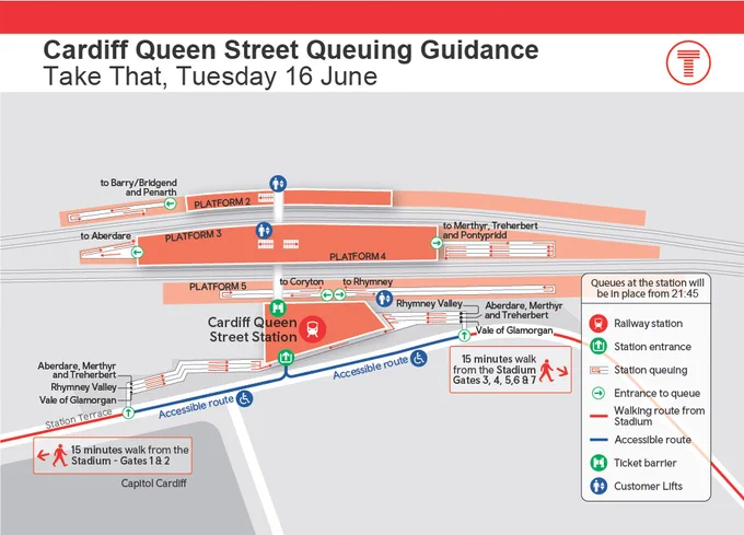 Cardiff Queen Street Station queuing guidance graphic for the Take That concert. Shows the station layout with 15‑minute walking routes from the stadium, queue entry points, accessible routes, and platforms for different destinations. Labels indicate trains towards Aberdare, Merthyr, Treherbert, Rhymney Valley, Coryton, Penarth and the Vale of Glamorgan. Includes icons for the railway station, walking routes, and key surrounding streets.

(Background text: “Queues will be in place from 21:45”).