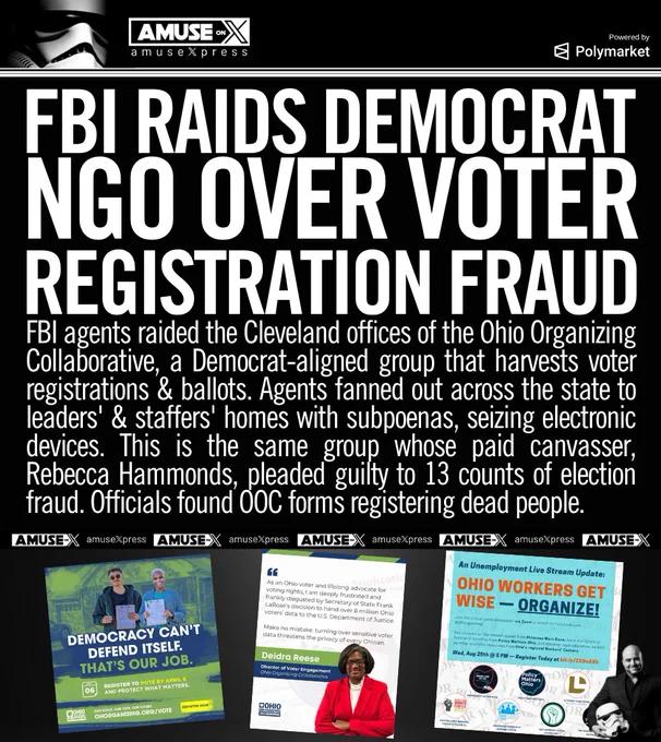 FBI agents raided the Cleveland offices of the Ohio Organizing Collaborative, a Democrat-aligned group that harvests voter registrations & ballots. Agents fanned out across the state to leaders' & staffers' homes with subpoenas, seizing electronic devices. This is the same group whose paid canvasser, Rebecca Hammonds, pleaded guilty to 13 counts of election fraud. Officials found OOC forms registering dead people. 