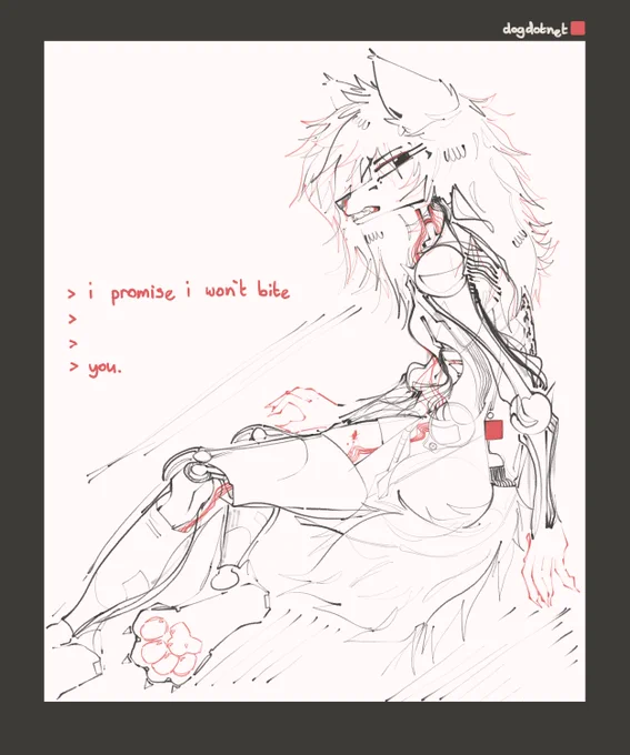 Nikki (fox, mechanical) sitting-leaning on her side with a distraught expression, blood dripping from her nose. Accompanying text reads: "i promise i won't bite ...you."