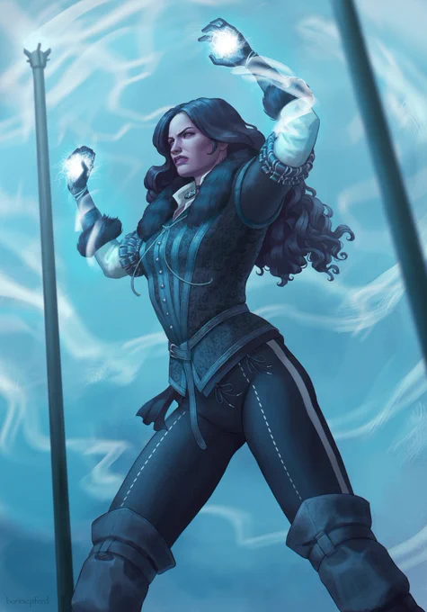 Digital illustration of Yennefer from The Witcher 3: Wild Hunt casting magic. Yennefer stands with her arms raised as glowing energy gathers in her hands and white magical currents swirl around her. She has a fierce expression and her long dark hair flows behind her.