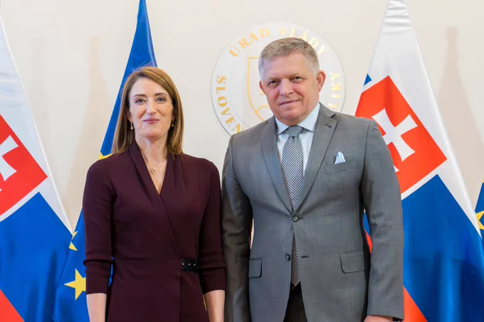 The President of the European Parliament Roberta Metsola with the Prime Minister of Slovakia Robert Fico, in Bratislava, Slovakia.