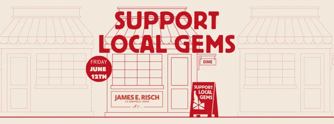 A red and white graphic image of storefronts with signage reading 'SUPPORT LOCAL GEMS' and the date, Friday, June 12th.