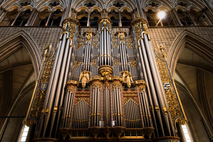The pipes of Westminster Abbey's grand organ, bathed in early evening sunlight