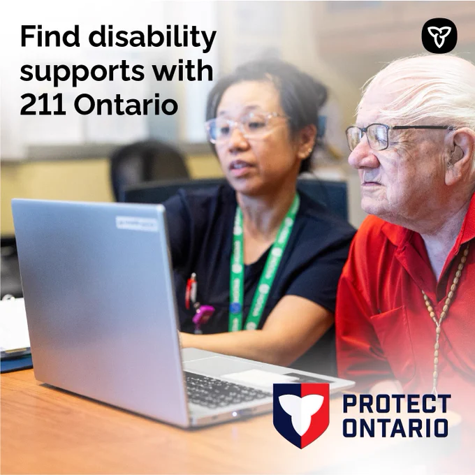 A person looking at a computer with an older adult. Text reads: Find disability supports with 211 Ontario.