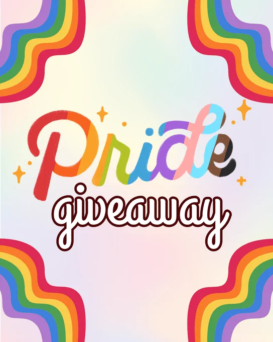 A pride giveaway poster, with large rainbow waves in all 4 corners. The word Pride is in bold, rainbow font.