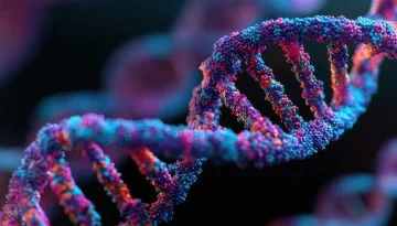 A close-up of a DNA double helix structure, with strands composed of colorful molecular components in shades of purple, pink, and blue. The background is softly blurred, emphasizing the detailed texture of the DNA.