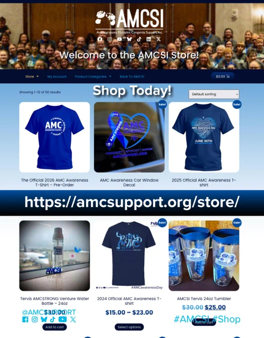 A promotional screenshot of the AMCSI online store featuring a variety of AMC Awareness merchandise, including blue t-shirts, tumblers, stickers, & decals, with “Shop Today!” messaging & multiple items marked on sale. AMCSI’s logo & social media handle & platform icons, Facebook, Instagram, BlueSky, TikTok, YouTube & X logos with @AMCSUPPORT, appear in the lower left corner, & the hashtags “#AMCSI & #Shop” appear in the lower right corner.

#AMCSI
#Arthrogryposis
#AMCAwareness
#AMCAwarenessDay
#AMCStrong
#ArthrogryposisAwareness
#DisabilityAwareness
#DisabilityCommunity
#SupportTheCommunity
#NonprofitSupport
#ShopForACause
#Fundraising
#AwarenessMatters
#FlashSale
#FlashSaleFriday
#SaleAlert
#LimitedStock
#ShopNow
#OnlineStore
#MerchDrop
#AwarenessMerch