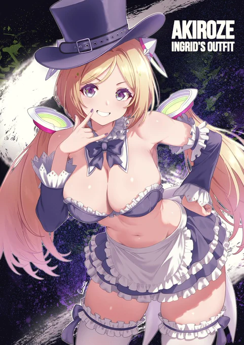 ストリートファイター6のイングリッドの衣装を着た、ホロライブのアキ・ローゼンタールのファンアート。紫の大きな帽子とフリルの多い衣装を身につけ、片手でメロイックサインを作り、もう片方の手を腰に当ていたずらっぽく微笑んでいる。背景は黒を基調に、白いブラシストロークや紫・緑の飛沫を重ねたストリート風のデザインで、右上に「AKIROZE」「INGRID'S OUTFIT」の文字が配置されている。
