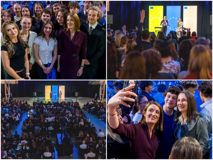 The President of the European Parliament Roberta Metsola with young people in Bratislava, Slovakia.