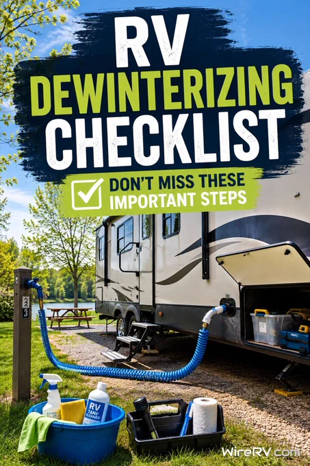 RV at a spring campsite with water hose connected and maintenance supplies ready for dewinterizing.