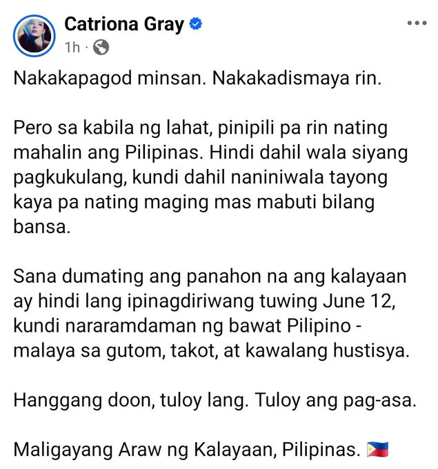 Miss Universe 2018 Catriona Gray posts her message for the Philippines' 128th Independence Day.