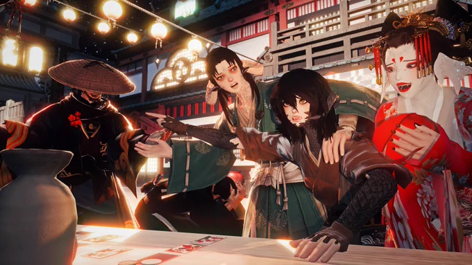 A scene showing a young Uyanga in the Rakuza District. Night has fallen and the district is lively as ever. Uyanga stands at an oicho-kabu table set on the street, surrounded by various other gamblers. She has never played the game before. 

She has a wounded, panicked look on her face as she points accusingly at a man whose eyes are obscured by the brim of his hat. Surely, he must have cheated when the deck was shuffled. The man shrugs, denying everything, while smiling at her. Behind him, another man falls to the ground and clutches his head in frustration. 

A tall woman peers over Uyanga's shoulder and sneers at her. She gestures at the man as if to tell Uyanga to back off. Her hand is gripping Uyanga's shoulder.

On the right of the image an oiran laughs wildly at the state of the game. Not only has Uyanga lost, she's lost with the worst hand of all, 8-9-3. 