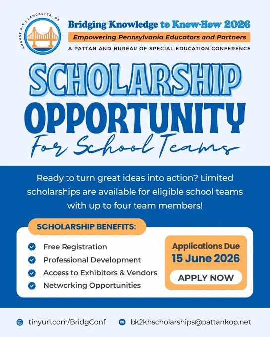 Blue and white graphic with text reading, Attention School Teams! Your team may be eligible to receive free registration to the Bridging Knowledge to Know-How Conference. Applications due June 15, 2026. Apply now!