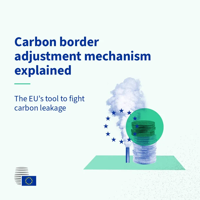 Title text: “Carbon border adjustment mechanism explained. The EU’s tool to fight carbon leakage.” Next to the text is a stylised illustration of a factory chimney emitting smoke behind a stack of coins, encircled by EU stars, suggesting an EU financial measure to address pollution from imports.