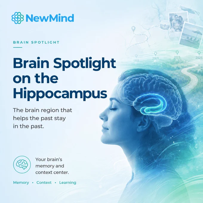 Brain Spotlight infographic on the hippocampus — the brain region that helps form memories, place events in context, and understand whether the past is still happening now