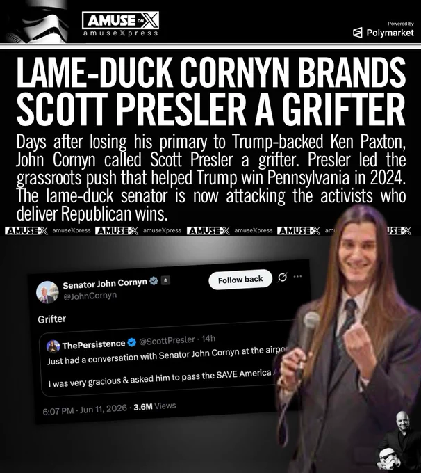 Days after losing his primary to Trump-backed Ken Paxton, John Cornyn called Scott Presler a grifter. Presler led the grassroots push that helped Trump win Pennsylvania in 2024. The lame-duck senator is now attacking the activists who deliver Republican wins.