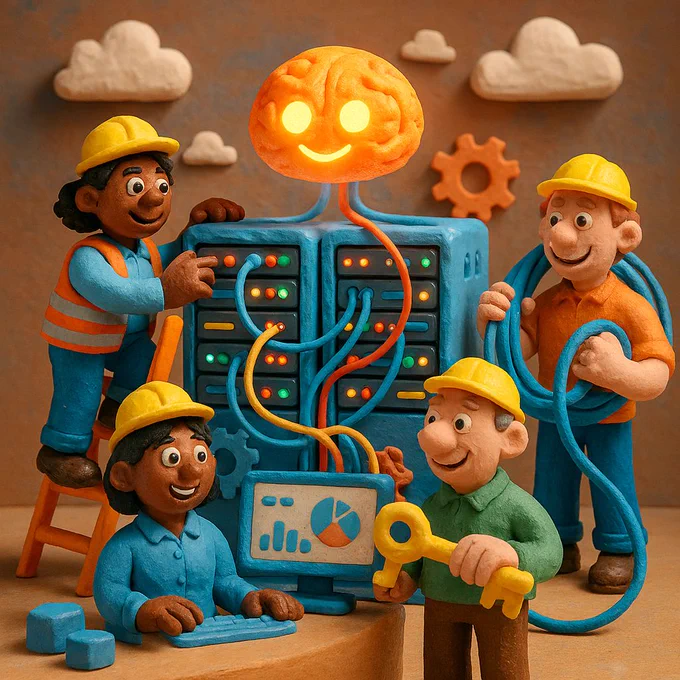 A charming, light-hearted claymation stop-motion scene with visible modeling-clay textures and fingerprint marks. A diverse, cheerful team of infrastructure engineers — varied skin tones, ages, genders, and outfits — made of colorful clay with chunky, friendly proportions and big expressive eyes. They're happily building and running a whimsical miniature data center that powers AI: clay server racks with blinking lights, bundles of colorful cables, a glowing friendly AI "brain" orb floating above, little cloud shapes, gears, and hexagon containers. One climbs a ladder to a server, one holds a giant key, one watches a clay dashboard, one carries a network cable like a hose. Warm playful palette with azure-blue accents, cozy studio lighting, tilt-shift miniature feel, everyone smiling and collaborating. No text, no logos.