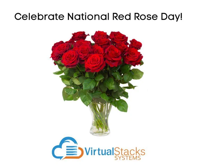 Photo illustration of 12 long-stem red roses in clear vase; Virtual Stacks Systems logo.