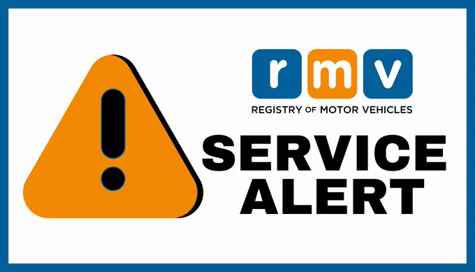 Orange warning triangle with exclamation mark next to bold text reading 'Service Alert' under the RMV Registry of Motor Vehicles logo.