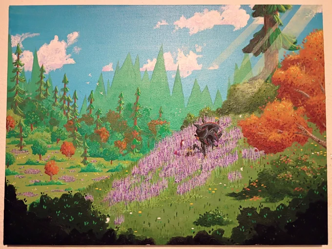 Acrylic painting of Shadow the Hedgehog sitting in a bed of lavender, enjoying the view of a forest